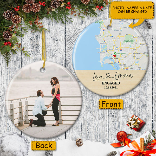 Newly Engaged Just Married Gift - Personalized Custom Map & Photo Christmas Decor Ornament