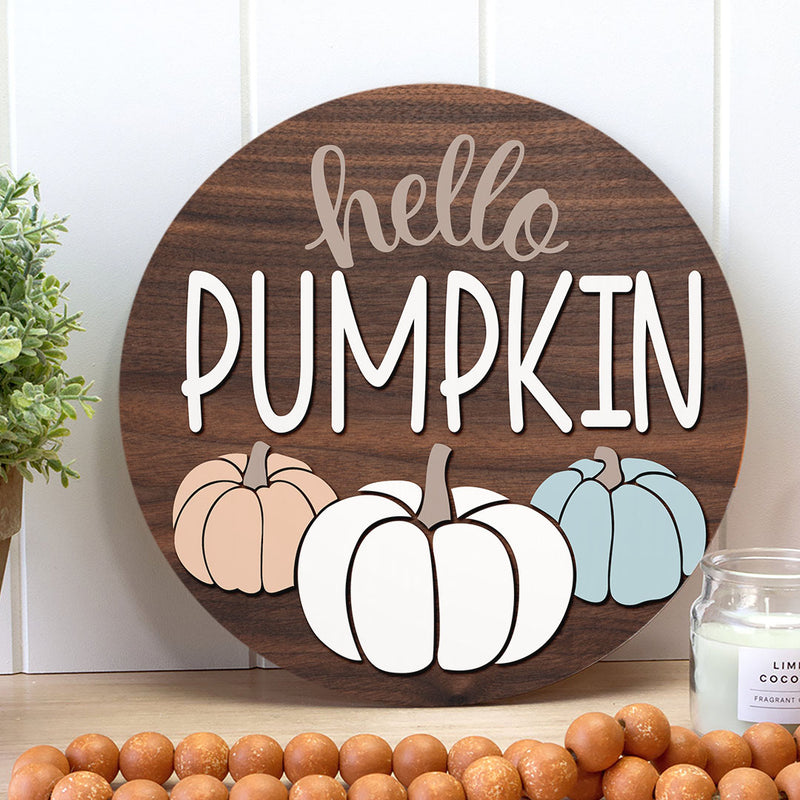 Hello Pumpkin - Cute Fall Pumpkins Decor - Rustic Wooden Front Door Wreath Hanger Sign