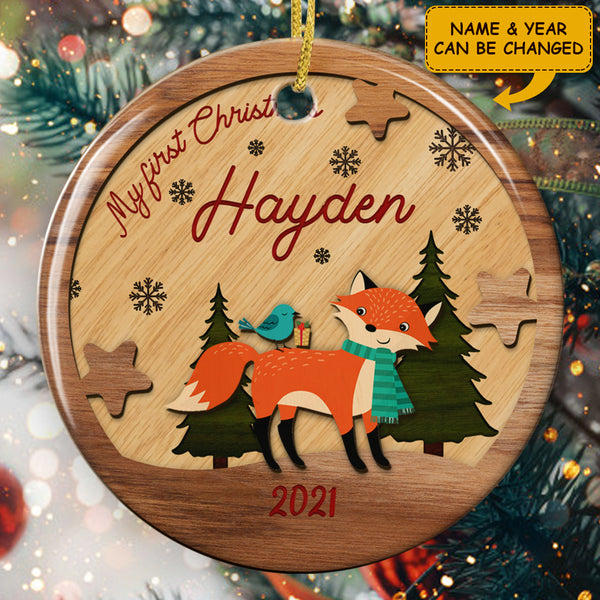 My First Christmas - Baby Fox Decor - Personalized Custom Baby Name Ornament - 1st Xmas Gift
