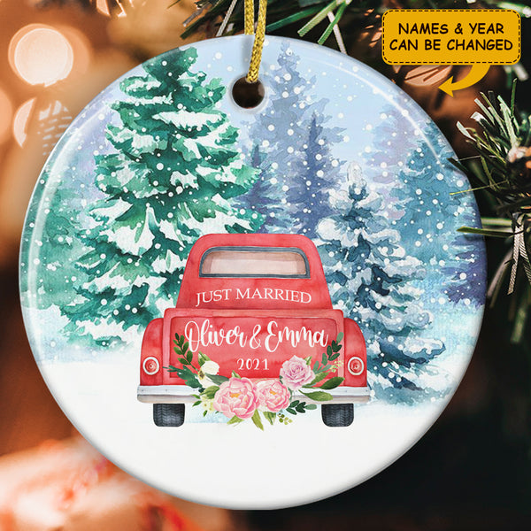 Just Married - Vintage Truck Ornament - Personalized Couple Names Ornament - Xmas Gift For New Couple