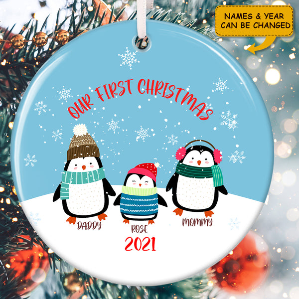 Our First Christmas Cute Penguin Family - Personalized Custom Names Christmas Decor Ornament