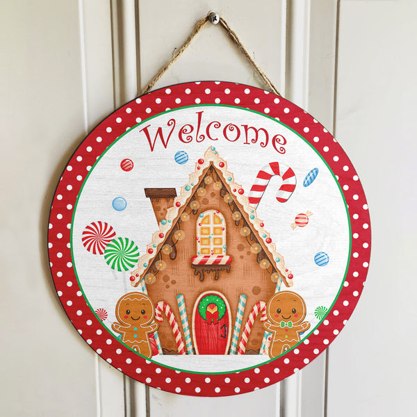 Welcome - Gingerbread Men - Candy Canes - Polka Dots Christmas Door Hanger - Xmas House Decor