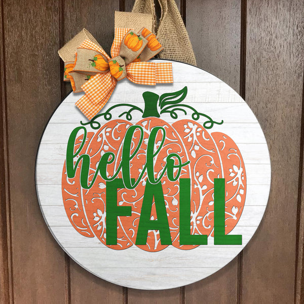 Hello Fall - Cute Pumpkin - Autumn Wooden Door Hanger Sign - Fall Wreath Decoration