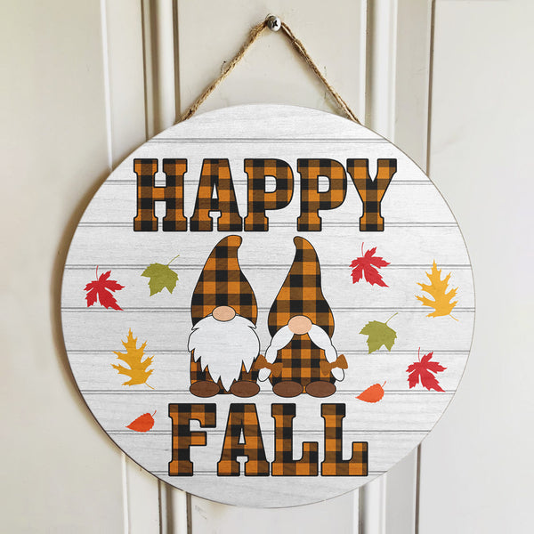 Happy Fall - Plaid Gnome & Maple Leaves Decor - Hello Autumn Door Wreath Hanger Sign