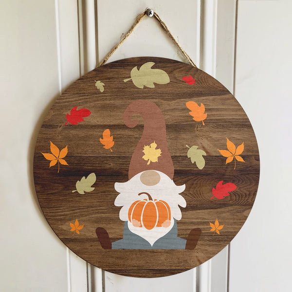 Gnome & Fall Leaves - Hello Autumn House Decor - Front Door Wreath Hanger Sign