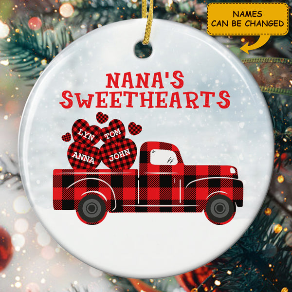 Nana's Sweethearts Ornament - Red Plaid Truck Bauble - Personalized Kid Name - Xmas Gift For Grandma