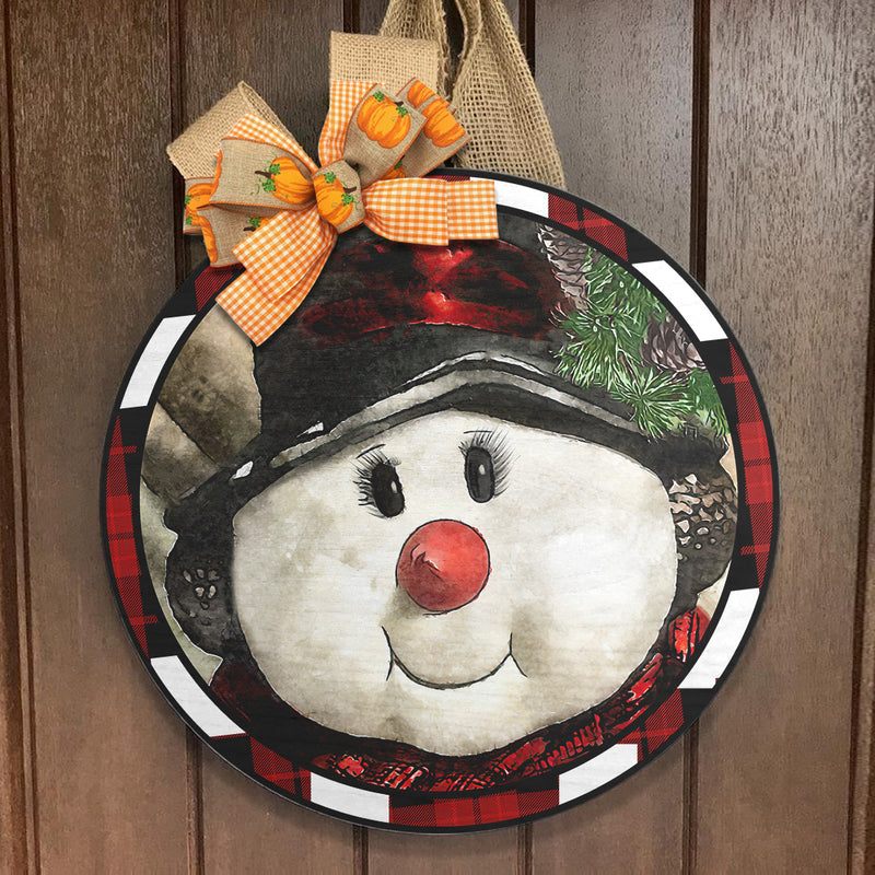 Cute Snowman - Plaid Wreath - Cozy Christmas Entryway Decor - Rustic Door Hanger - Xmas Gift