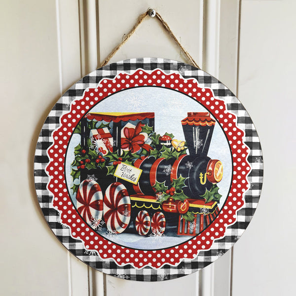 Christmas Train - Plaid Sign - Polka Dots Xmas Door Hanger - Merry Christmas Door Sign Decor
