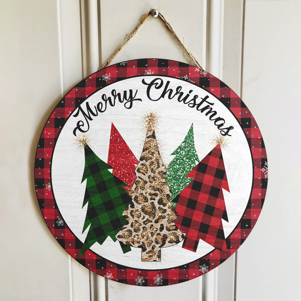Merry Christmas - Buffalo Plaid Xmas Tree - Joyful Christmas Door Sign - Colorful Xmas Home Decor
