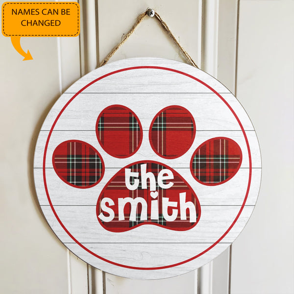 Paw Sign - Buffalo Plaid - Dog Lovers Gift - Personalized Custom Family Name Door Hanger