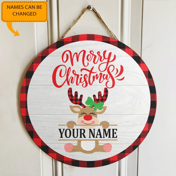 Merry Christmas - Reindeer Decoration - Personalized Custom Family Name Xmas Door Hanger Sign