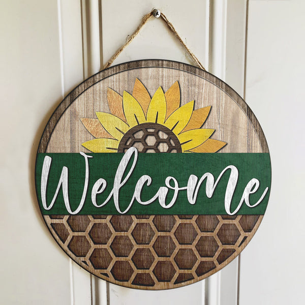 Welcome - Sunflower Round Sign - Flower Rustic Door Hanger - Farmhouse Door Decor