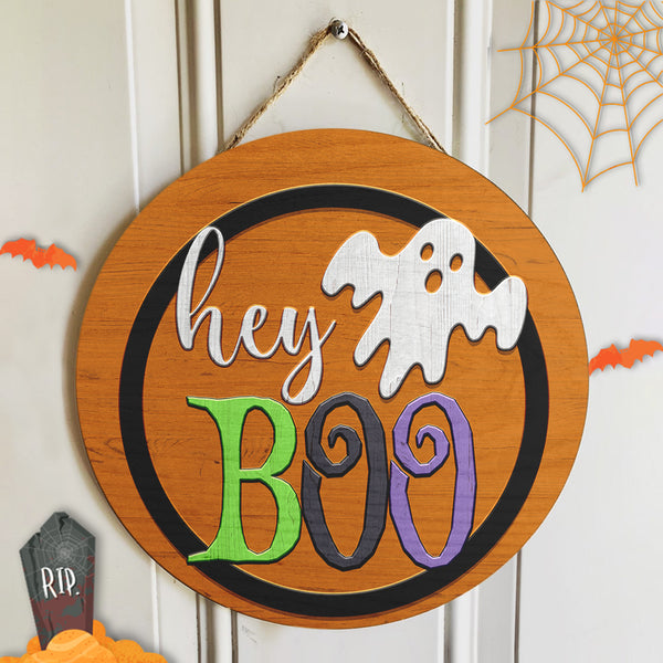 Halloween Hey Boo Door Hanger - Wooden Ghost Door Sign - Halloween 2021 Home Decor