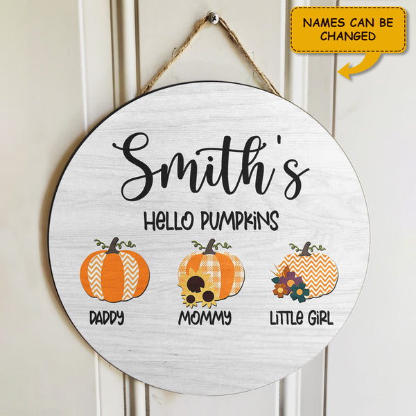 Hello Pumpkins - Fall Wreath - Personalized Custom Family Name Door Hanger - Halloween Decor