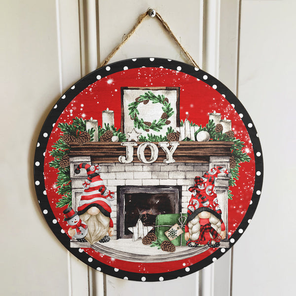 Joy - Gnomies - Fireplace - Polka Dots Door Sign - Welcome Christmas Wreath - Xmas House Decor