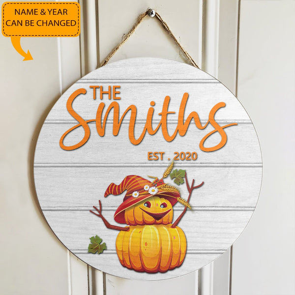 Cute Pumpkin - Personalized Custom Family Name Door Sign - Halloween House Decor