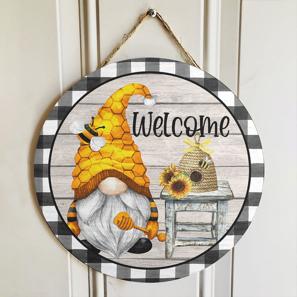 Welcome - Bee Gnome Sunflower Door Hanger Sign - Rustic Front Wreath Door Gift Decor