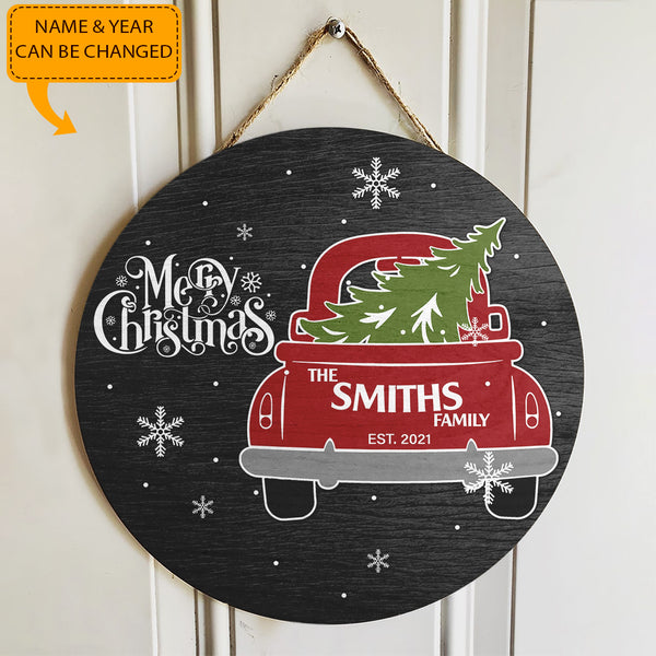 Merry Christmas Door Hanger - Xmas Truck - Custom Family Name Sign - Christmas Front Door Decor