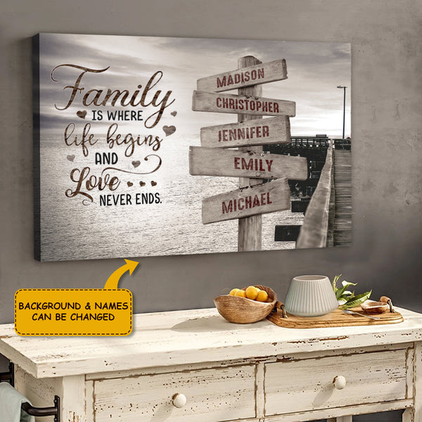 Family Is Where Life Begins And Love Never Ends - Custom Name Canvas - Rustic Street Sign Canvas - Gift For Family