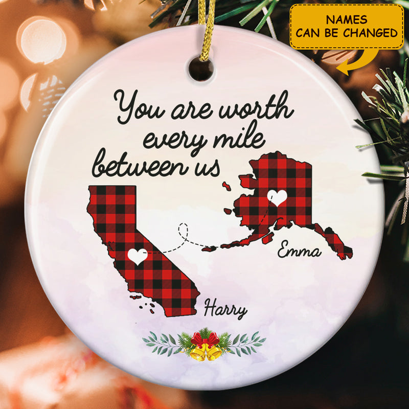 You Are Worth Every Mile Between Us - Plaid State Ornament - Personalized Names - Gift For Couple
