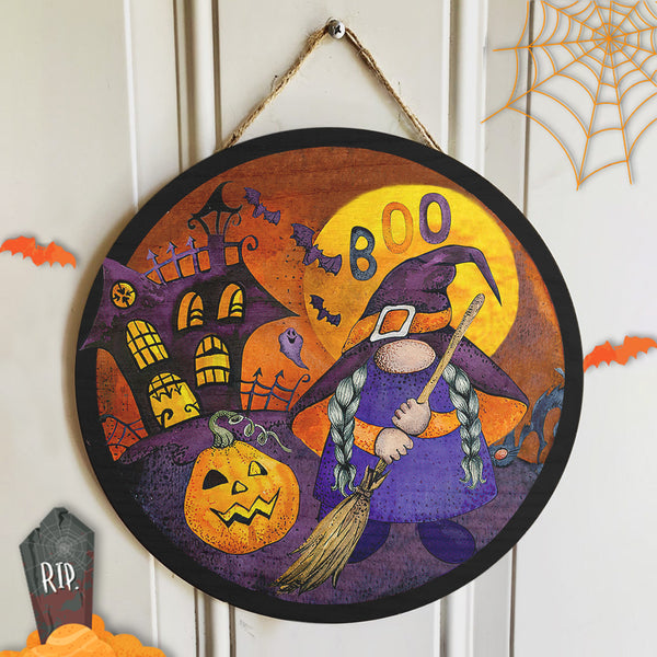 Boo - Cute Gnome - Funny Pumpkin - Spooky Halloween Door Hanger Sign Decor - Halloween Gift