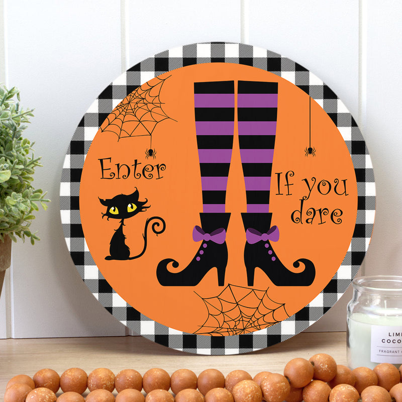 Enter If You Dare - Black Cat - Witch Socks - Plaid Sign -  Halloween Door Hanger Decor