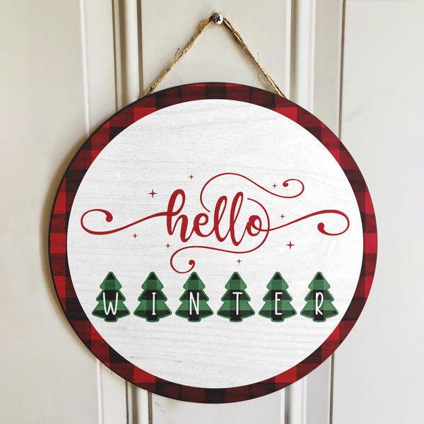 Hello Winter - Christmas Tree - Welcome Winter Door Sign - Buffalo Plaid Wreath - Xmas Home Decor