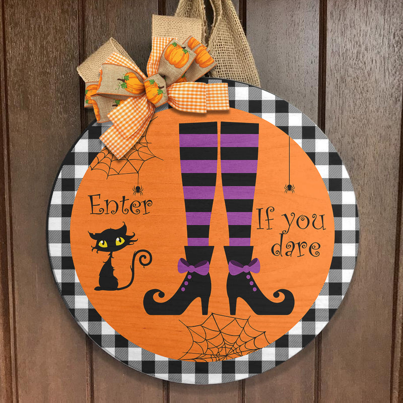 Enter If You Dare - Black Cat - Witch Socks - Plaid Sign -  Halloween Door Hanger Decor