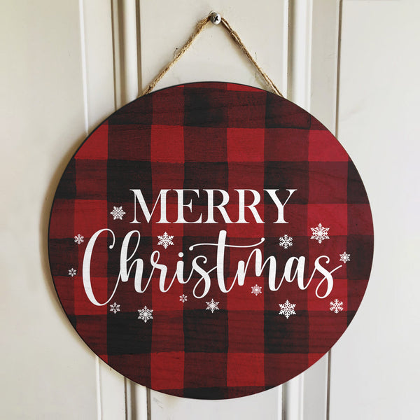 Merry Christmas - Buffalo Plaid Door Sign - Happy Christmas Door Hanger - Snowflake Xmas Home Decor