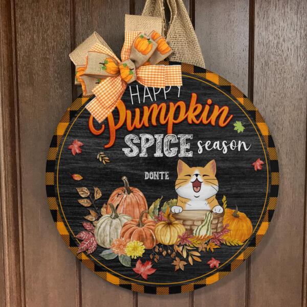 Happy Pumpkin Spice Season - Personalized Cat Fall Halloween Door Hanger Sign