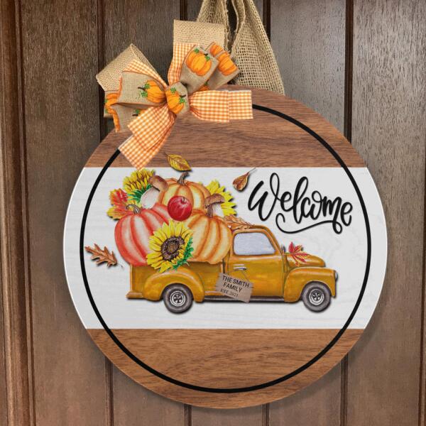 Welcome - Maple Leaves & Pumpkin Decor - Personalized Family Name & Year Fall  Door Hanger Sign