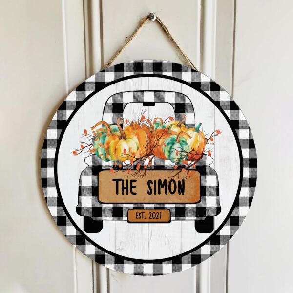 Pumpkin Wreath On Plaid Truck Decor - Personalized Custom Family Name Door Hanger Sign