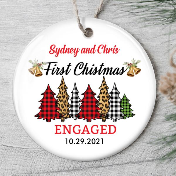 First Christmas Engaged - Leopard & Plaid Xmas Tree - Personalized Custom Name Ornament Gift