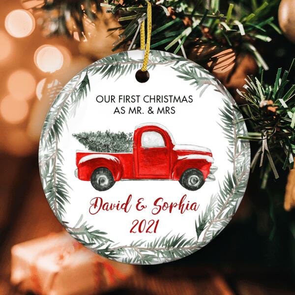 First Christmas As Mr. And Mrs - Red Truck Wreath - Personalized Custom Names Wedding Ornament