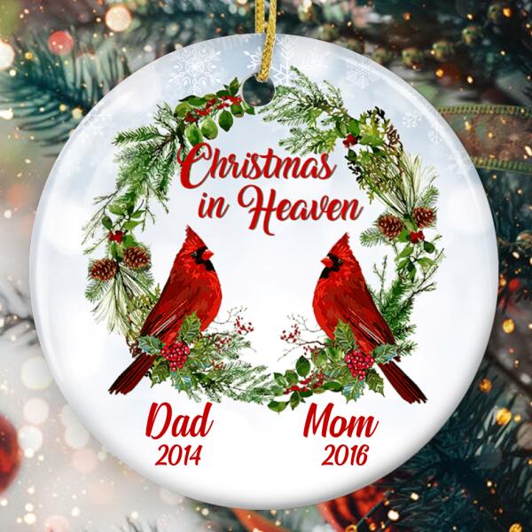 Family Memorial Sympathy Gift - Cardinal Bird - Personalized Custom Year Xmas Wreath Ornament