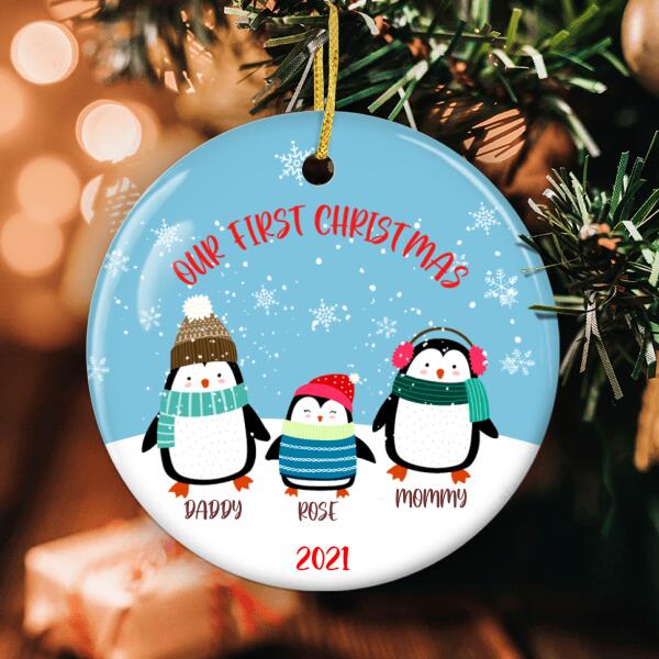 Our First Christmas Cute Penguin Family - Personalized Custom Names Christmas Decor Ornament