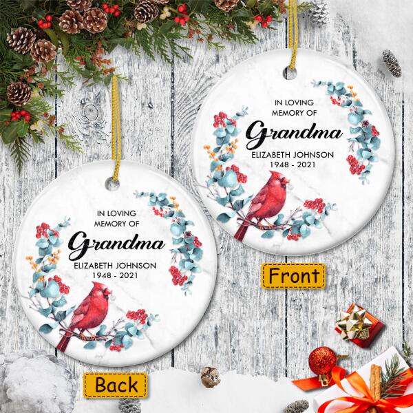 In Loving Memory - Cardinal Ornament - Loss Of Grandma Ornament - Personalized Name - Grandma Memorial Gift
