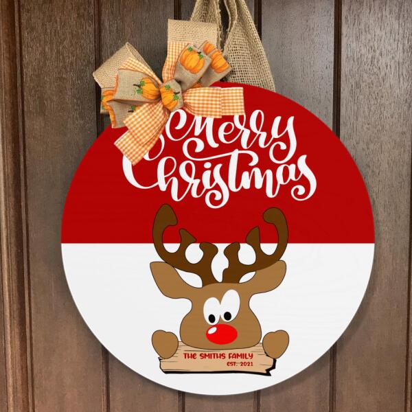 Merry Christmas - Cute Reindeer - Family Name Sign - Xmas Front Door Decor - Christmas Door Hanger