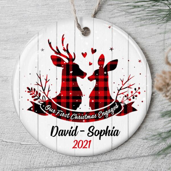 Our 1st Christmas Engaged - Plaid Deer Couple Ornament - Personalized Name Ornament - Xmas Gift For New Couple