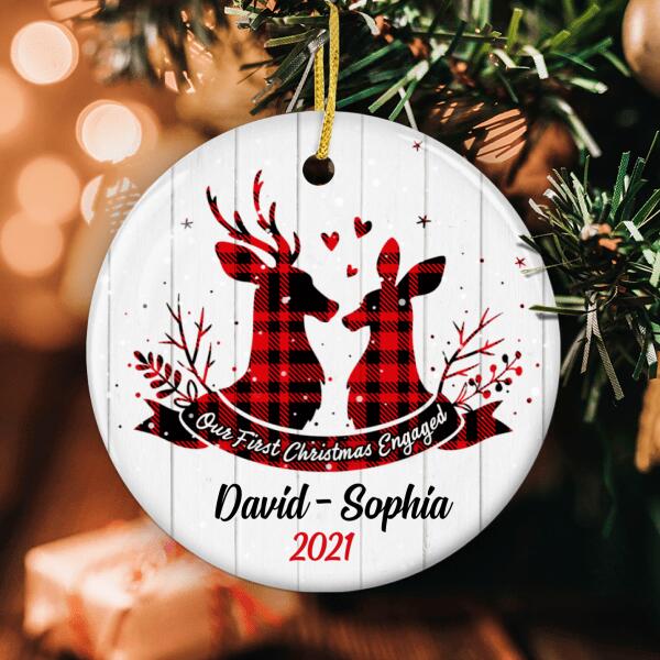 Our 1st Christmas Engaged - Plaid Deer Couple Ornament - Personalized Name Ornament - Xmas Gift For New Couple