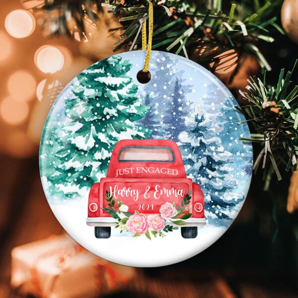 Just Engaged - Red Truck Ornament - Personalized Couples Name Ornament - Engagement Gift