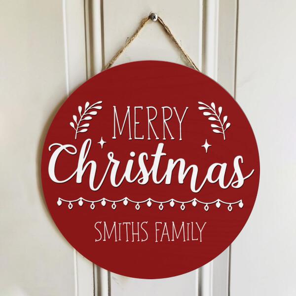Merry Christmas Door Sign - Personalized Family Name Door Hanger - Xmas Wreath - Front Door Decor