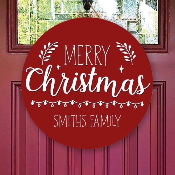 Merry Christmas Door Sign - Personalized Family Name Door Hanger - Xmas Wreath - Front Door Decor