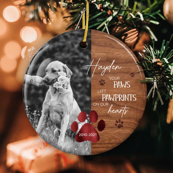 Your Paws Left Pawprints On Our Hearts - Memorial Ornament - Custom Pet Photo Keepsake - Pet Lovers Gift