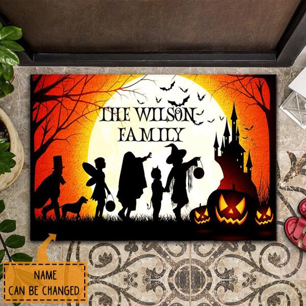 Happy Halloween - Creepy Pumpkin & Full Moon Decor - Personalized Custom Family Name Doormat