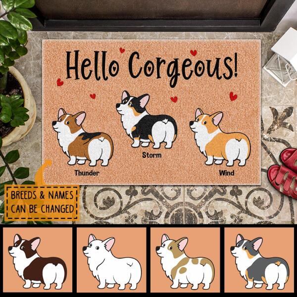 Hello Gorgeous - Personalized Custom Corgi Dogs Doormat - Funny Housewarming Gift For Dog Lover