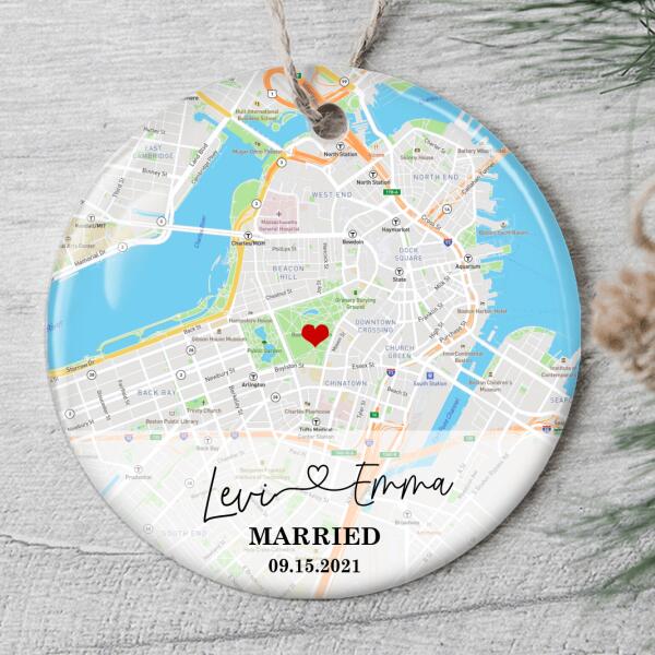 Personalized Custom Map, Names & Date - Engagement Wedding Gift For Just Married Couple Ornament