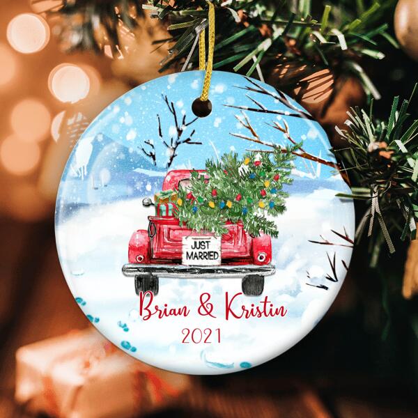 Just Married Ornament - Personalized Couples Name - Red Truck Bauble - Xmas Gift For Couples - Christmas Decor