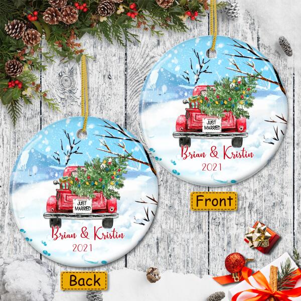 Just Married Ornament - Personalized Couples Name - Red Truck Bauble - Xmas Gift For Couples - Christmas Decor