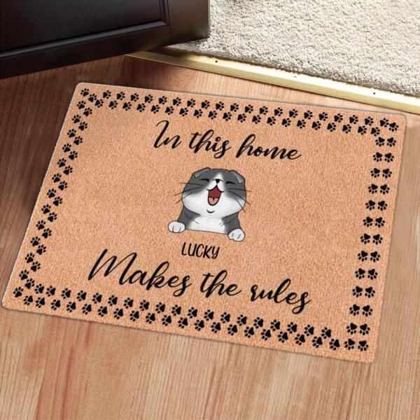 In This House - The Cat Make The Rules - Personalized Custom Cat Doormat - Housewarming Gift